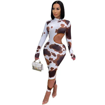 Form-fitting long-sleeved cow print women irregular hole maxi dress in white and brown with cut-out details