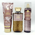 Cozy vanilla bourbon ultimate hydration body care set by bath & body works featuring marbled tube amber bottle and frosted spray