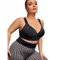 Black textured cozyease womens plus size high impact sports bra with supportive straps and a flattering scoop neckline