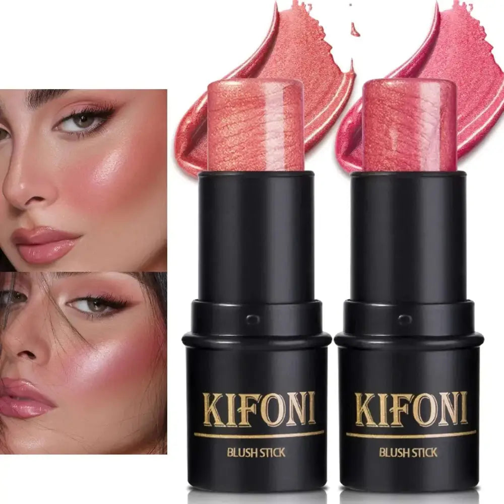 Two black kifoni cream blush sticks with shimmering rose-gold and shimmer fuchsia swatches in blush stick set