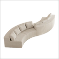 Cream corduroy curved sectional sofa in corduroy fabric with matching striped cushions and modern design