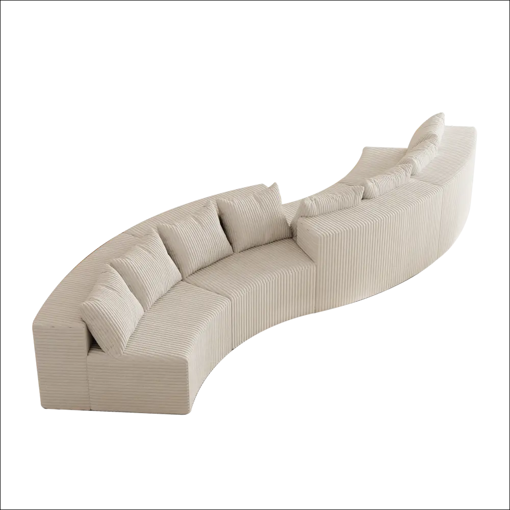 Cream corduroy curved sectional sofa in corduroy fabric with matching striped cushions and modern design