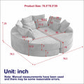 Gray corduroy round sectional sofa with neck pillow design and dimension markings in cream corduroy material