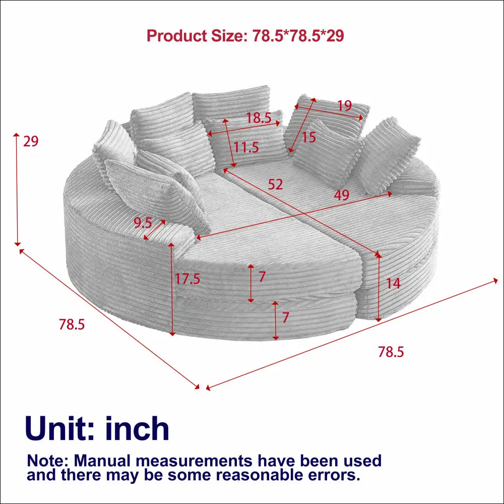 Gray corduroy round sectional sofa with neck pillow design and dimension markings in cream corduroy material