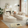 Cream-colored corduroy sectional sofa with curved design featuring matching neck pillow design for added comfort