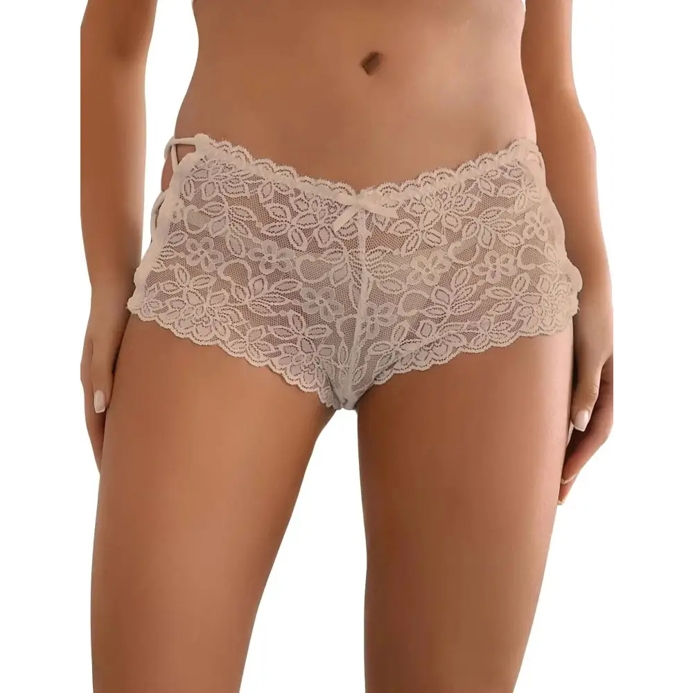 Cream floral lace boyshort panties with scalloped edges and delicate side ties in cream floral lace fabric