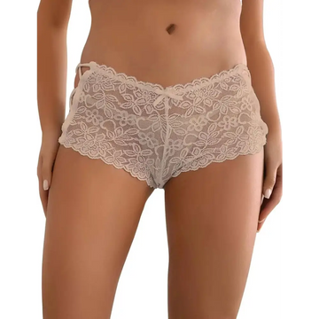 Cream floral lace boyshort panties with scalloped edges and delicate side ties in cream floral lace fabric