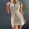 Cream knitted hollowed leisure ladies two piece set featuring a cream open-knit sleeveless cardigan dress with button closure and matching skirt