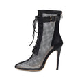 Black mesh large size stiletto ankle boot with lace-up front and gold-toned buckle high heel boots