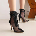 Black mesh lace up ankle boots with gold buckle detail large size stiletto high heel boots