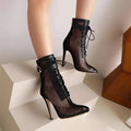 Black mesh lace up ankle boots with high stiletto heel in large size stiletto cream mesh lace style
