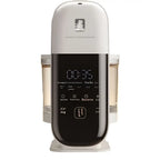 White and black multifunctional baby cooking machine with digital display showing time recipe options and control buttons