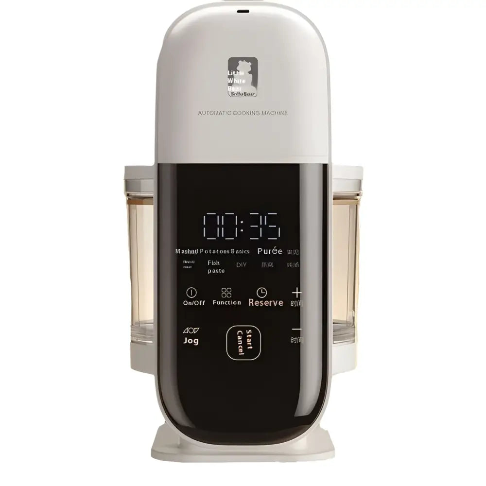 White and black multifunctional baby cooking machine with digital display showing time recipe options and control buttons