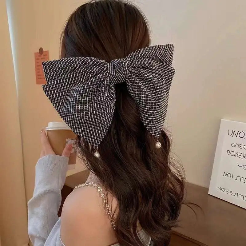Cream pearl large bow barrettes spring clip with black and white checkered fabric and pearl drop charms