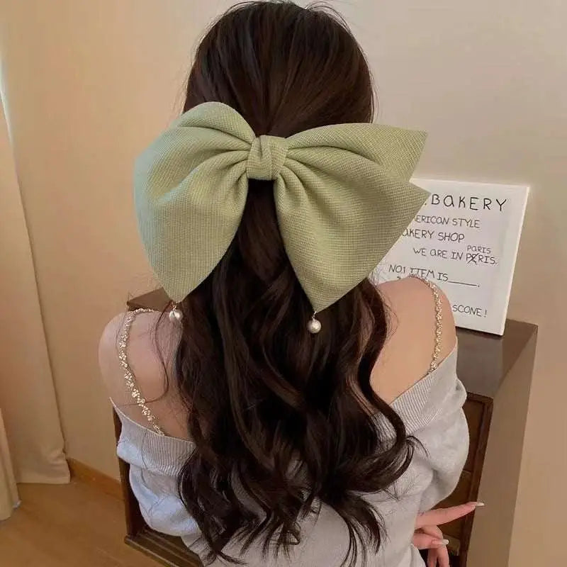 Cream pearl large sage green fabric bow barrettes spring clip with textured weave and pearl drop details