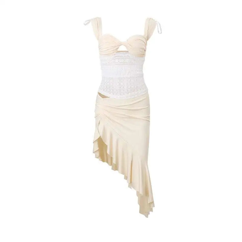Cream asymmetrical dress with cream ruched lace corset, tied shoulder straps, and elegant ruffle skirt in satin fabric