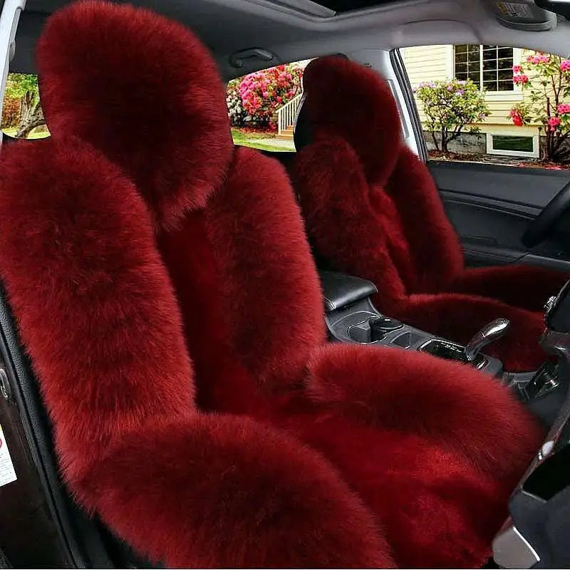 Cream sheepskin winter car cushion with rich burgundy faux fur and plush long-haired texture for car cushion winter use