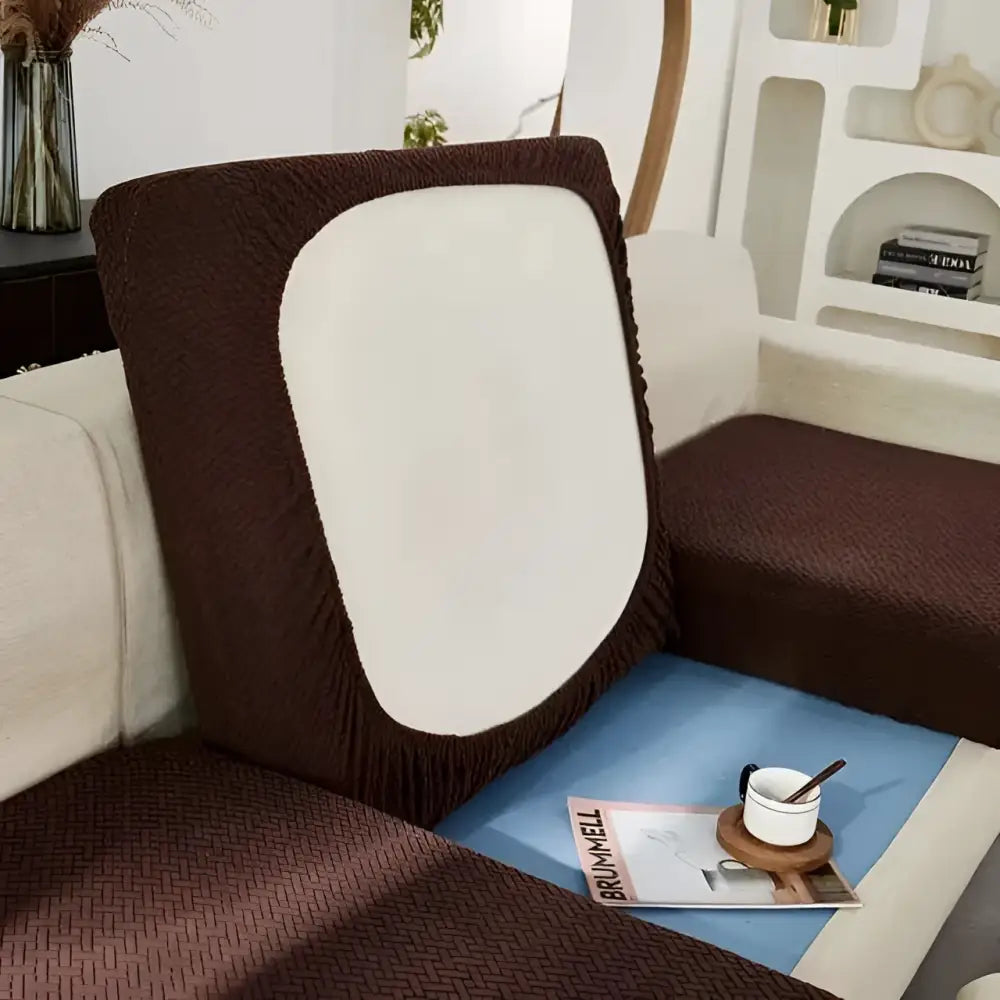 Brown stretchy universal sofa cover with white central panel for cream stretchy universal sofa texture protection