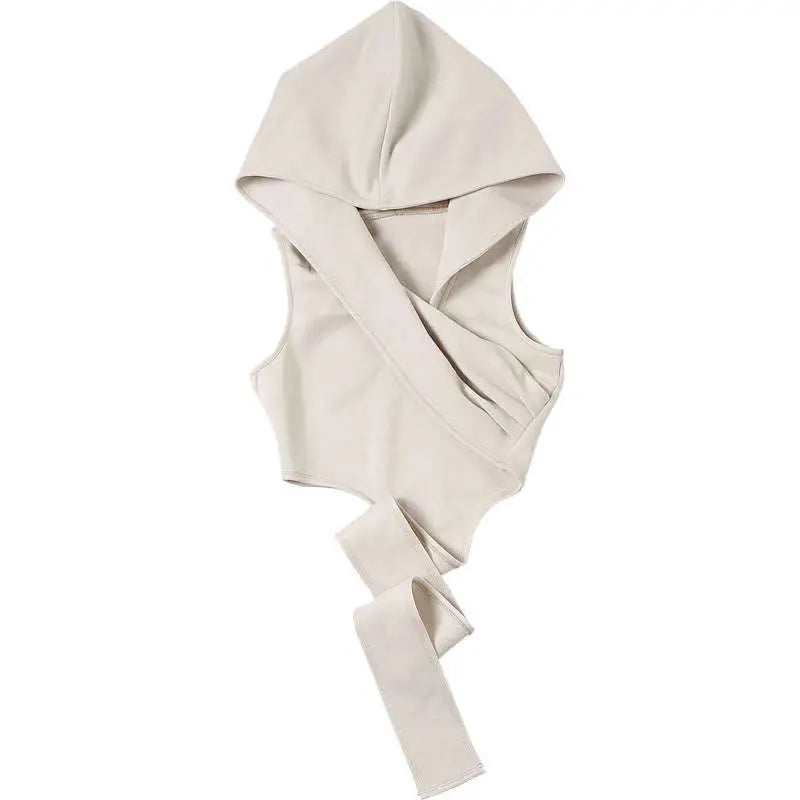 Cream stylish short crop hooded wraparound top in cream with sleeveless design and side cutouts for a modern look