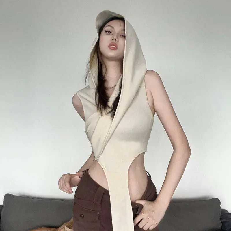 Cream stylish short crop sleeveless hoodie in cream with cutout side panel and hood in crop hooded wraparound design
