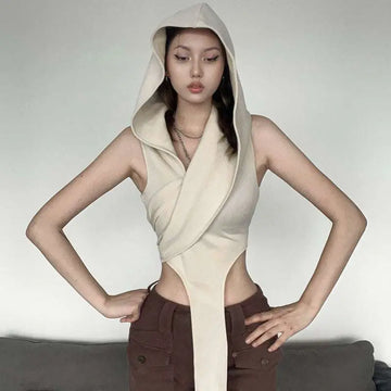 Cream stylish short crop hooded wraparound top in cream with sleeveless design and side cutouts for a modern look