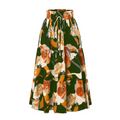 Cream tiered pleated floral midi skirt with elastic waistband and drawstring in orange cream and deep green tones