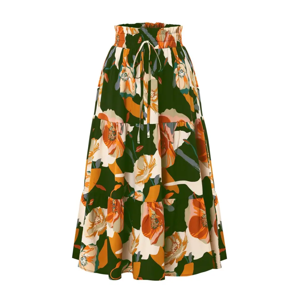 Cream tiered pleated floral midi skirt with elastic waistband and drawstring in orange cream and deep green tones