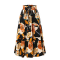 Cream tiered pleated floral midi skirt with elastic waist in bold orange black and cream hues with drawstring waistband