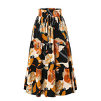 Cream tiered pleated floral midi skirt with elastic waist in bold orange black and cream hues with drawstring waistband