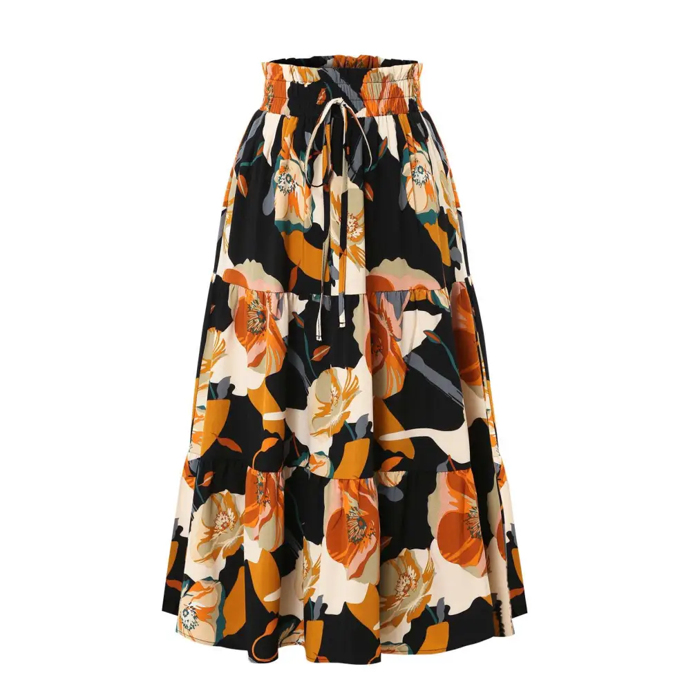 Cream tiered pleated floral midi skirt with elastic waist in bold orange black and cream hues with drawstring waistband