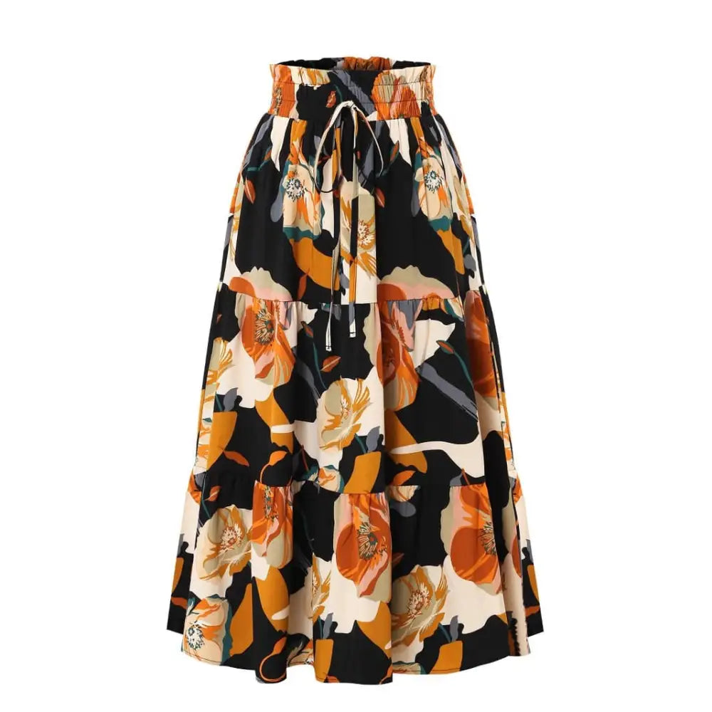 Cream tiered pleated floral elastic waist skirt with bold black orange and cream floral pattern and drawstring waistband