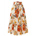 Cream tiered pleated floral midi skirt with elastic waist and drawstring waistband in cream orange and muted gray tones
