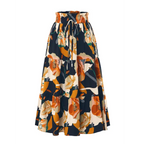 Cream tiered pleated floral elastic waist skirt midi with navy cream and orange tiers and drawstring waistband