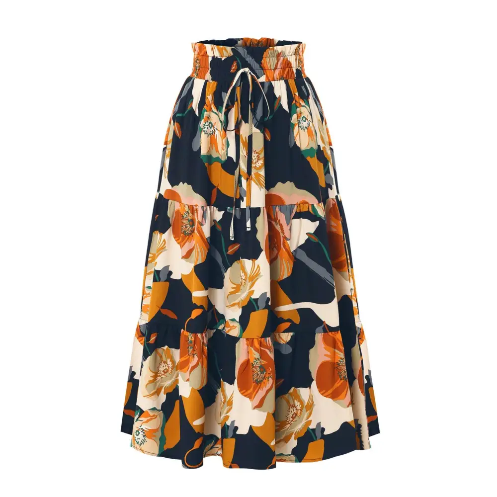 Cream tiered pleated floral elastic waist skirt midi with navy cream and orange tiers and drawstring waistband