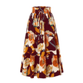 Cream tiered pleated floral elastic waist skirt with bold maroon orange and cream floral pattern and drawstring waistband