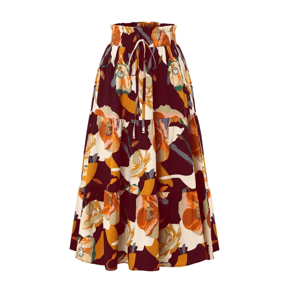 Cream tiered pleated floral elastic waist skirt with bold maroon orange and cream floral pattern and drawstring waistband