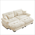Cream velvet size modern sofa with plush velvet upholstery and tufted cushions featuring round bolster armrests