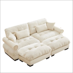 Cream velvet size modern sofa with plush velvet upholstery and tufted cushions featuring round bolster armrests