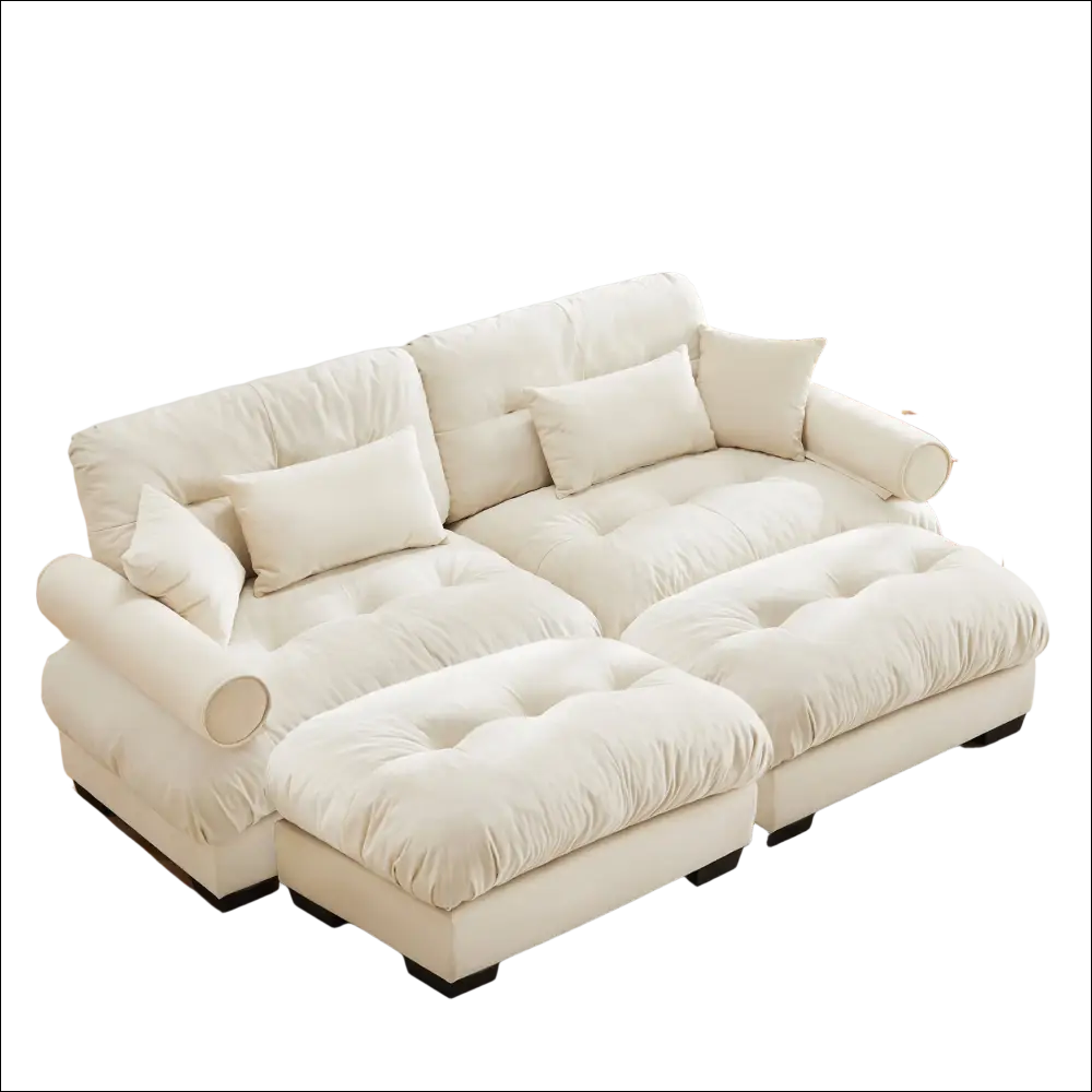 Cream velvet size modern sofa with plush velvet upholstery and tufted cushions featuring round bolster armrests