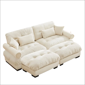 Cream velvet size modern sofa with plush velvet upholstery and tufted cushions featuring round bolster armrests