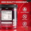 A clear plastic jar with a black lid contains red creatine monohydrate muscle boost gummies with vegan-friendly labels
