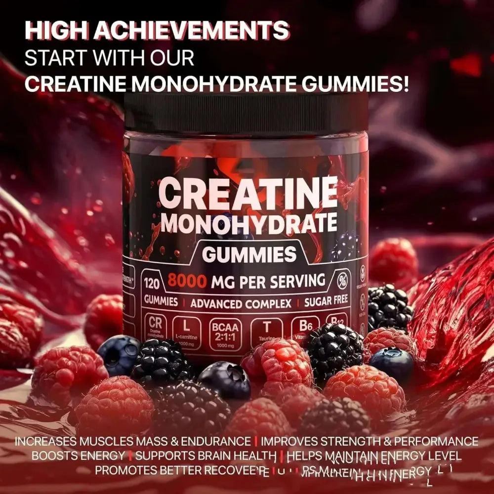 A jar of black-labeled creatine monohydrate muscle boost gummies with a black lid surrounded by red and black berries