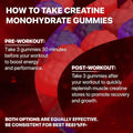 Red and purple creatine monohydrate muscle boost gummies with a glossy, chewable texture for muscle support