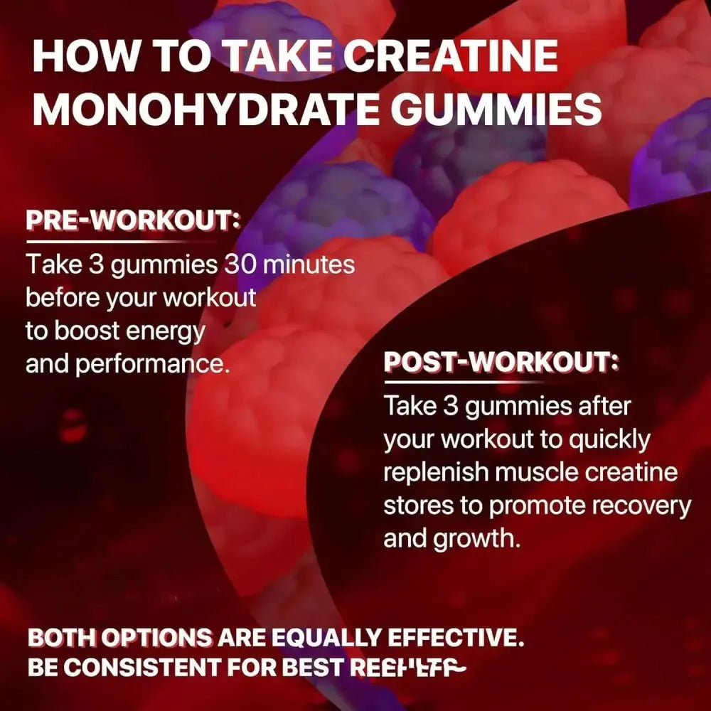 Red and purple creatine monohydrate muscle boost gummies with a glossy, chewable texture for muscle support