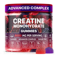 A vibrant red and purple jar of creatine monohydrate muscle boost gummies with berry imagery and 120 sugar-free gummies