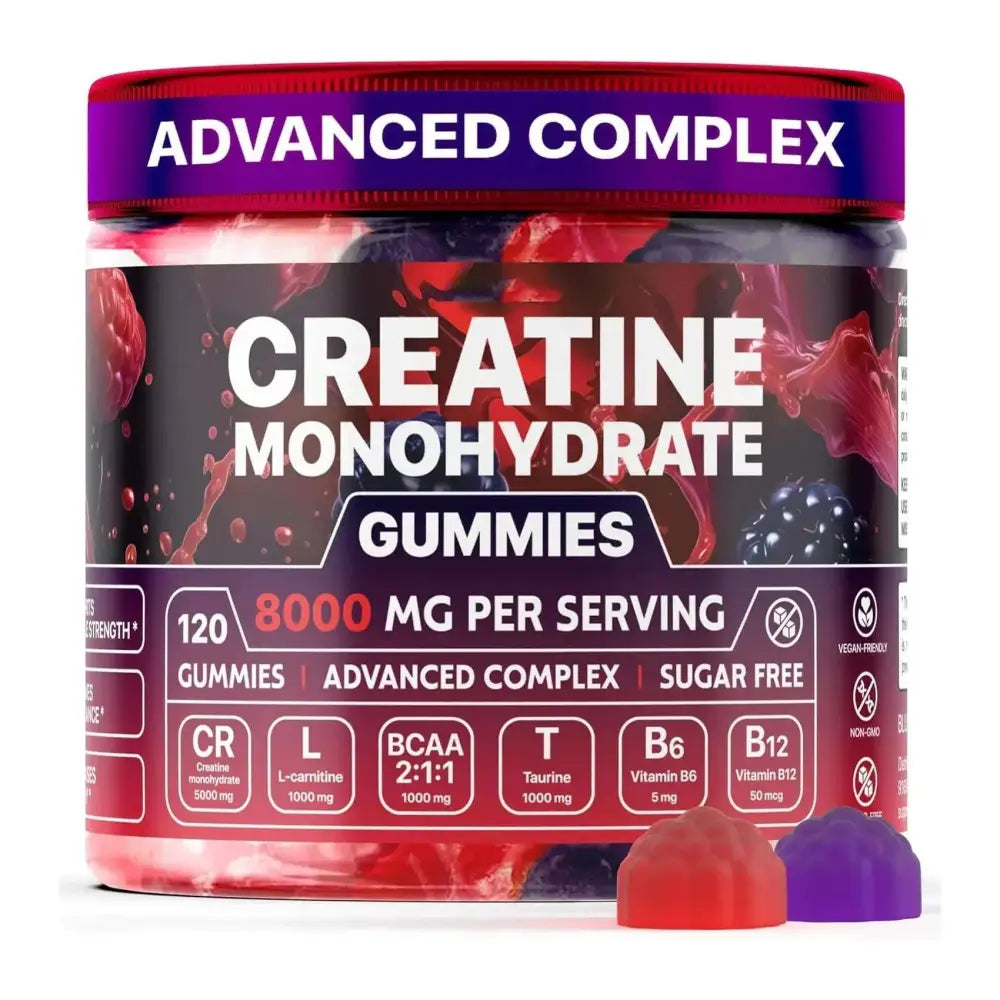 A vibrant red and purple jar of creatine monohydrate muscle boost gummies with berry imagery and 120 sugar-free gummies