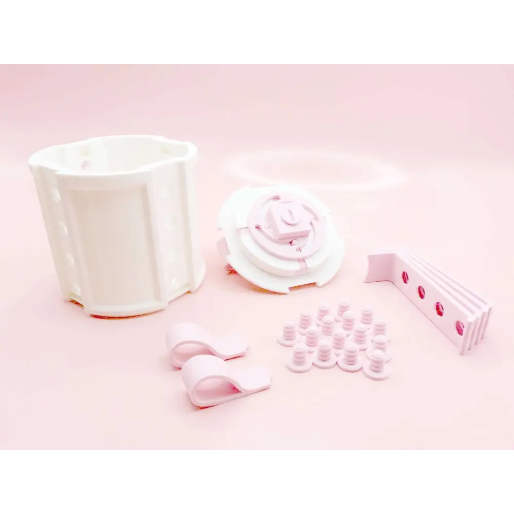 White plastic modular shelving system with pink ribbon bow accents and circular cutouts for valentine day gift display
