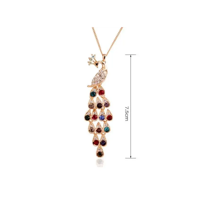 Gold-toned creative crystal peacock bridal necklace with colorful teardrop gemstones and sparkling crystals on tail feathers