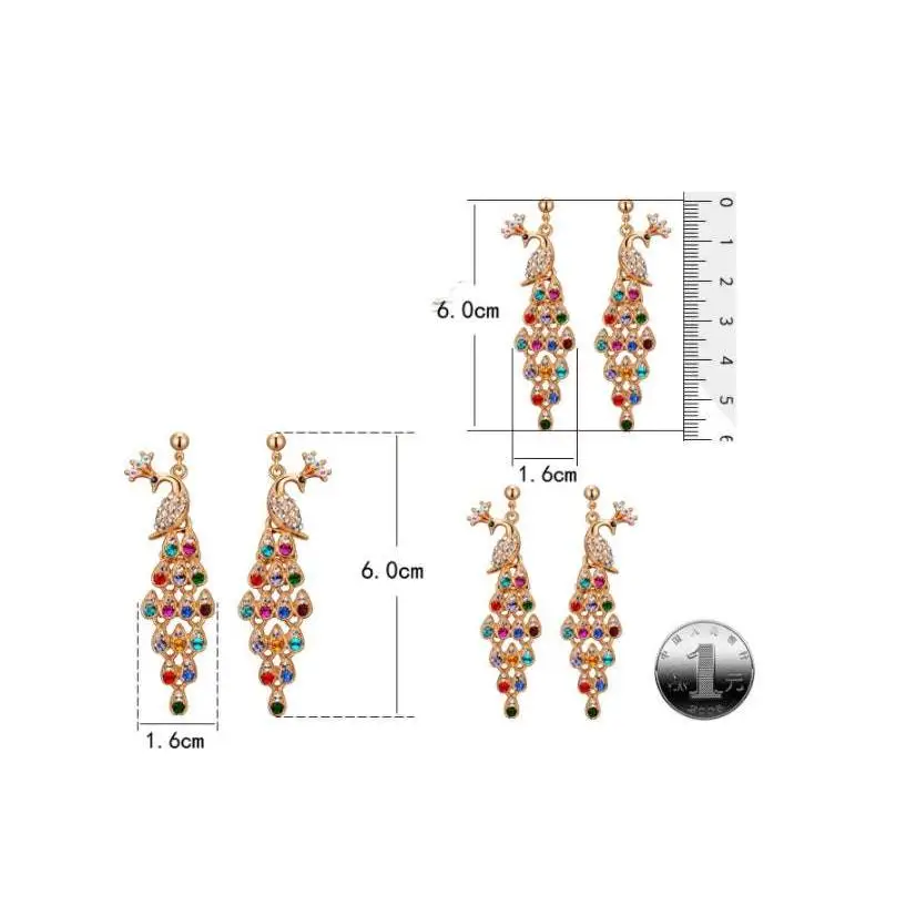 Gold-toned creative crystal peacock drop earrings with multicolored rhinestones for crystal peacock bridal jewelry set