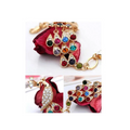 Gold-toned crystal peacock bridal bracelet with colorful teardrop rhinestones in red blue green and purple hues